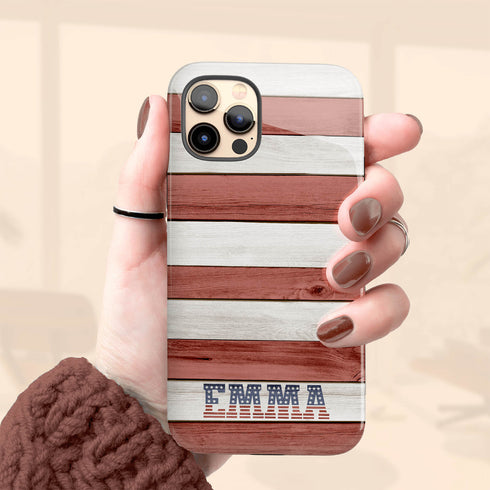 Wooden American Flag Custom Name iPhone Case